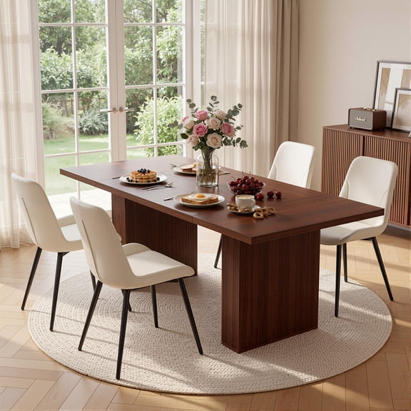 Hawsaiy Dining Table Set for 4, 78" Farmhouse Dining Table with 4 PU Leather Dining Chairs, Large Kitchen Table Set with Crossed Metal Leg Chairs for Dining Room(Walnut +Beige)