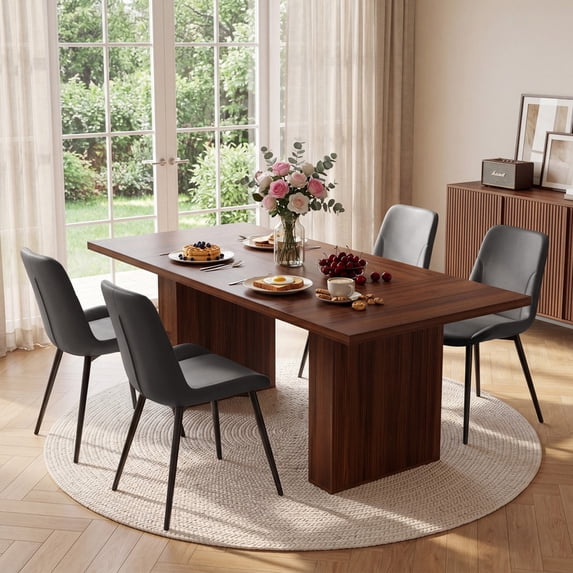 Hawsaiy Dining Table Set for 4, 78" Farmhouse Dining Table with 4 PU Leather Dining Chairs, Large Kitchen Table Set with Crossed Metal Leg Chairs for Dining Room(Walnut +Black)