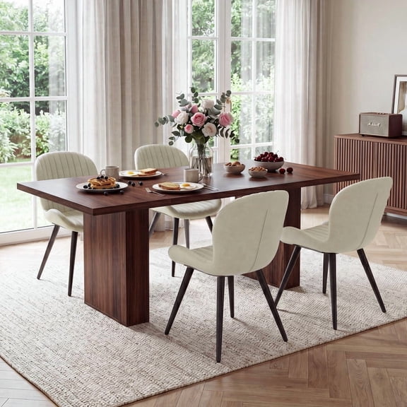 Hawsaiy Dining Table Set for 4, 78" Farmhouse Dining Table with 4 Upholstered Dining Chairs, Large Kitchen Table Set with Modern Shell Back Chairs & Metal Legs for Dining Room(Walnut + Beige)