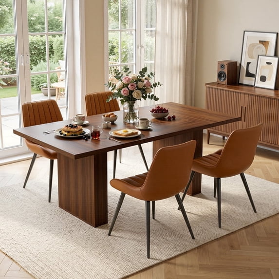 Hawsaiy Dining Table Set for 4, 78" Farmhouse Dining Table with 4 Upholstered Dining Chairs, Large Kitchen Table Set with Thick Waterproof Top & Metal Leg Chairs for Dining Room(Walnut + Brown)