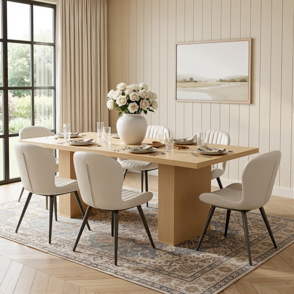 Hawsaiy Dining Table Set for 6, 78" Farmhouse Dining Table with 6 Upholstered Dining Chairs, Large Kitchen Table Set with Modern Shell Back Chairs & Metal Legs for Dining Room(Natural + Beige)