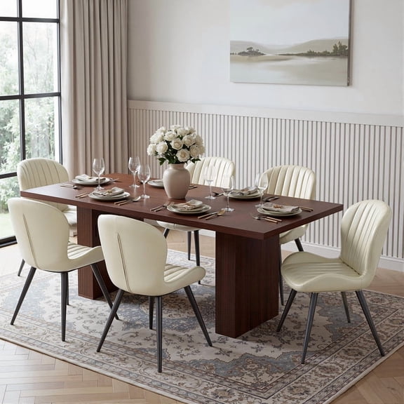 Hawsaiy Dining Table Set for 6, 78" Farmhouse Dining Table with 6 Upholstered Dining Chairs, Large Kitchen Table Set with Modern Shell Back Chairs & Metal Legs for Dining Room(Walnut + Beige)
