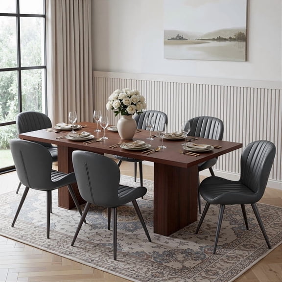 Hawsaiy Dining Table Set for 6, 78" Farmhouse Dining Table with 6 Upholstered Dining Chairs, Large Kitchen Table Set with Modern Shell Back Chairs & Metal Legs for Dining Room(Walnut + Black)