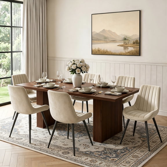 Hawsaiy Dining Table Set for 6, 78" Farmhouse Dining Table with 6 Upholstered Dining Chairs, Large Kitchen Table Set with Thick Waterproof Top & Metal Leg Chairs for Dining Room(Walnut + Beige)