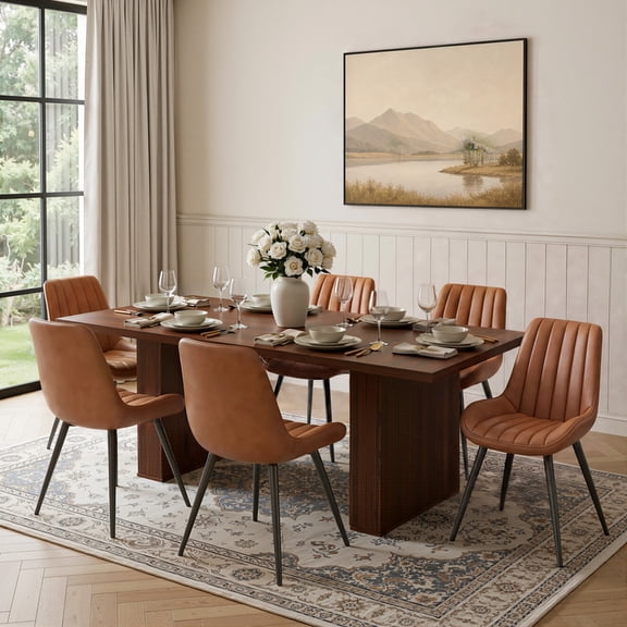 Hawsaiy Dining Table Set for 6, 78" Farmhouse Dining Table with 6 Upholstered Dining Chairs, Large Kitchen Table Set with Thick Waterproof Top & Metal Leg Chairs for Dining Room(Walnut + Brown)