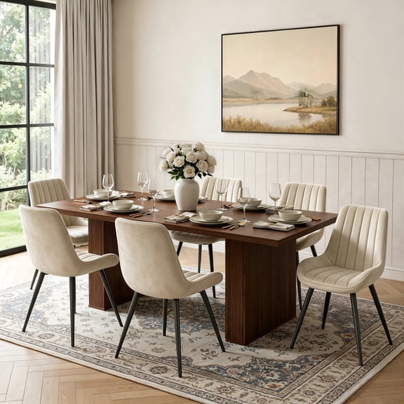 Hawsaiy Dining Table Set for 6, 78" Farmhouse Dining Table with 6 Upholstered Dining Chairs, Large Kitchen Table Set with Thick Waterproof Top & Metal Leg Chairs for Dining Room(Walnut + Beige)