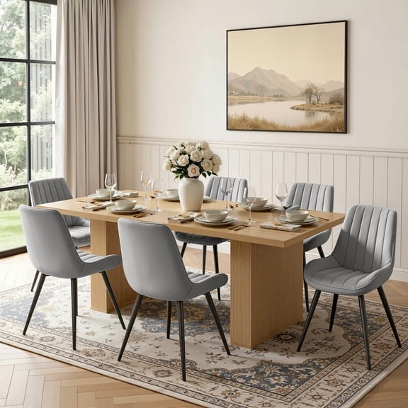 Hawsaiy Dining Table Set for 6, 78" Farmhouse Dining Table with 6 Upholstered Dining Chairs, Large Kitchen Table Set with Thick Waterproof Top & Metal Leg Chairs for Dining Room(Natural + Gray)