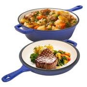 Hawsaiy Enameled Cast Iron Skillets, 2-in-1 Cast Iron Dutch Oven Pot with Lid Set, 3QT Dutch Oven + 1.5QT Skillet for Frying, Baking, Stewing, Grilling,Blue
