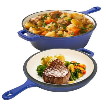 Hawsaiy Enameled Cast Iron Skillets, 2-in-1 Cast Iron Dutch Oven Pot with Lid Set, 3QT Dutch Oven + 1.5QT Skillet for Frying, Baking, Stewing, Grilling,Blue