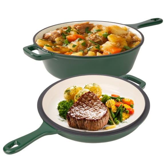 Hawsaiy Enameled Cast Iron Skillets, 2-in-1 Cast Iron Dutch Oven Pot with Lid Set, 3QT Dutch Oven + 1.5QT Skillet for Frying, Baking, Stewing, Grilling,Green