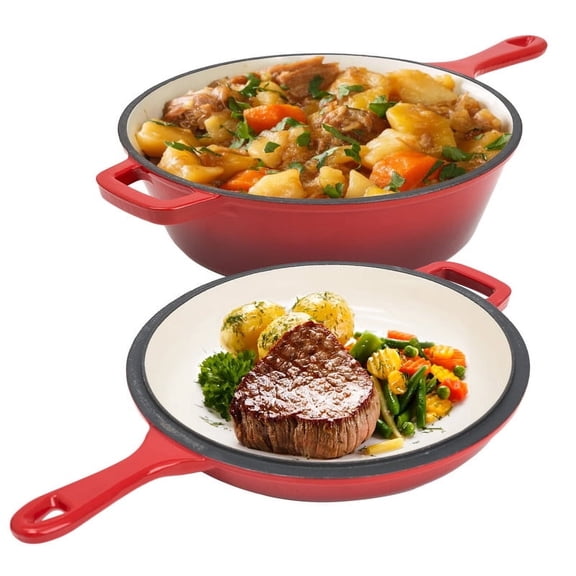 Hawsaiy Enameled Cast Iron Skillets, 2-in-1 Cast Iron Dutch Oven Pot with Lid Set, 3QT Dutch Oven + 1.5QT Skillet for Frying, Baking, Stewing, Grilling,Red