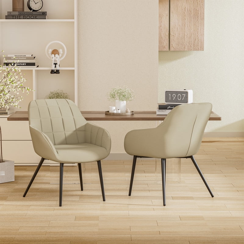 Beige Linen Upholstered Arm Chairs with Metal Legs, Set of 2