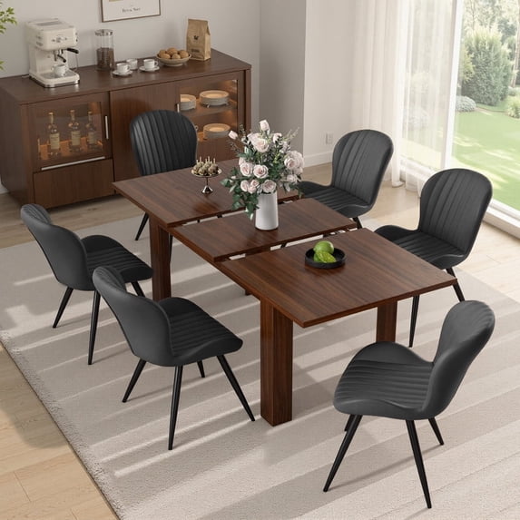 Hawsaiy Extendable Dining Table Set for 6, Shell Back Upholstered Dining Chairs, Farmhouse Kitchen Dining Room Set, Hidden Leaf Dining Table Seats 6-8