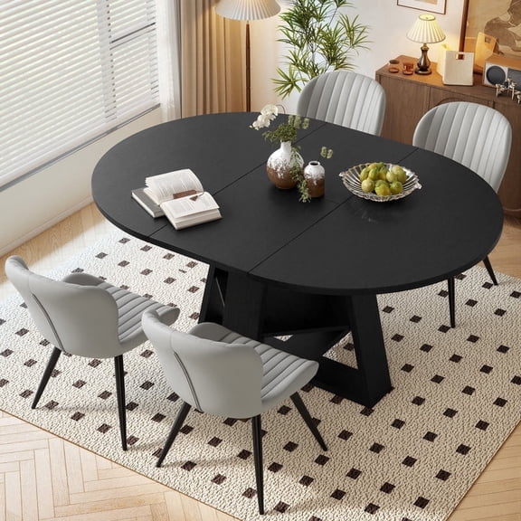 Hawsaiy Extendable Round to Oval Dining Table Set for 4–6, Space-Saving Wooden Table with Hidden Storage, Expandable Dining Table with Upholstered Chairs(Black Table+4 Light Gray Chairs)