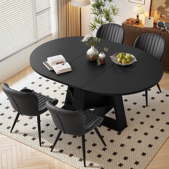 Hawsaiy Extendable Round to Oval Dining Table Set for 4–6, Space-Saving Wooden Table with Hidden Storage, Expandable Dining Table with Upholstered Chairs(Black Table+4 Black Chairs)