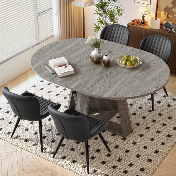 Hawsaiy Extendable Round to Oval Dining Table Set for 4–6, Space-Saving Wooden Table with Hidden Storage, Expandable Dining Table with Upholstered Chairs(Gray Table+4 Black Chairs)
