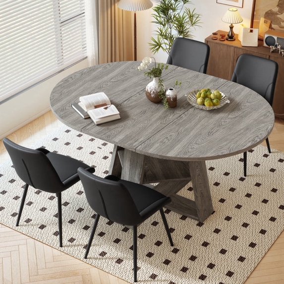 Hawsaiy Extendable Round to Oval Dining Table Set for 4–6, Space-Saving Wooden Table with Hidden Storage, Expandable Dining Table with Upholstered Chairs(Gray Table+4 Black Chairs)