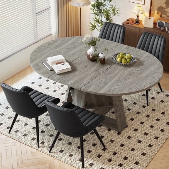 Hawsaiy Extendable Round to Oval Dining Table Set for 4–6, Space-Saving Wooden Table with Hidden Storage, Expandable Dining Table with Upholstered Chairs(Gray Table+4 Black Chairs)