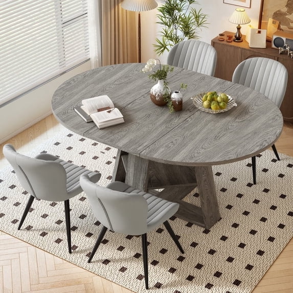 Hawsaiy Extendable Round to Oval Dining Table Set for 4–6, Space-Saving Wooden Table with Hidden Storage, Expandable Dining Table with Upholstered Chairs(Gray Table+4 Light Gray Chairs)