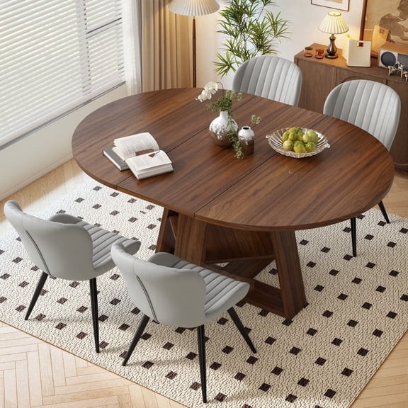 Hawsaiy Extendable Round to Oval Dining Table Set for 4–6, Space-Saving Wooden Table with Hidden Storage, Expandable Dining Table with Upholstered Chairs(Walnut Table+4 Light Gray Chairs)