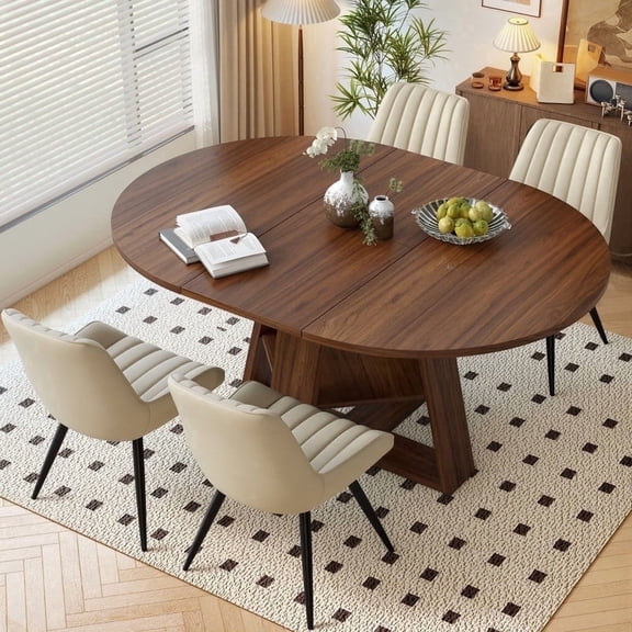 Hawsaiy Extendable Round to Oval Dining Table Set for 4–6, Space-Saving Wooden Table with Hidden Storage, Expandable Dining Table with Upholstered Chairs(Walnut Table+4 Beige Chairs)