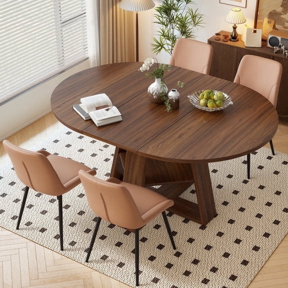 Hawsaiy Extendable Round to Oval Dining Table Set for 4–6, Space-Saving Wooden Table with Hidden Storage, Expandable Dining Table with Upholstered Chairs(Walnut Table+4 Brown Chairs)