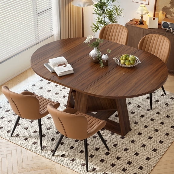 Hawsaiy Extendable Round to Oval Dining Table Set for 4–6, Space-Saving Wooden Table with Hidden Storage, Expandable Dining Table with Upholstered Chairs(Walnut Table+4 Brown Chairs)