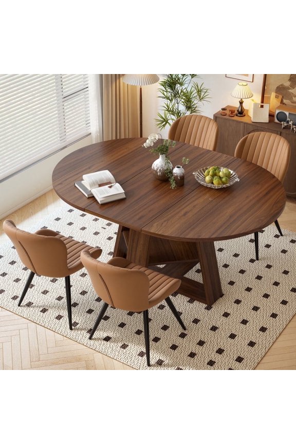 Extendable Round to Oval Dining Table Set for 4–6, Space-Saving Wooden Table with Hidden Storage, Expandable Dining Table with Upholstered Chairs(Walnut Table+4 Brown Chairs)
