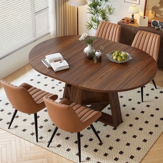 Hawsaiy Extendable Round to Oval Dining Table Set for 4–6, Space-Saving Wooden Table with Hidden Storage, Expandable Dining Table with Upholstered Chairs(Walnut Table+4 Brown Chairs)