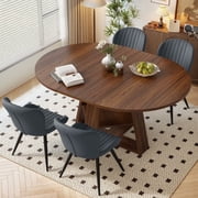 Hawsaiy Extendable Round to Oval Dining Table Set for 4 6, Space-Saving Wooden Table with Hidden Storage, Expandable Dining Table with Upholstered ChairsWalnut Table+4 Dark Gray Chairs