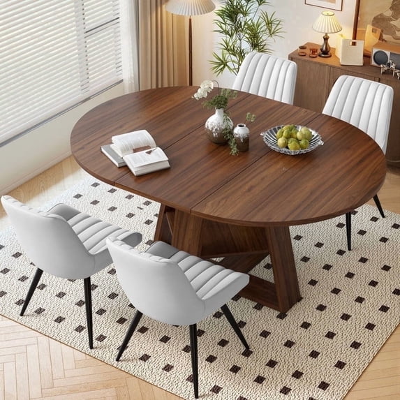 Hawsaiy Extendable Round to Oval Dining Table Set for 4–6, Space-Saving Wooden Table with Hidden Storage, Expandable Dining Table with Upholstered Chairs(Walnut Table+4 White Chairs)