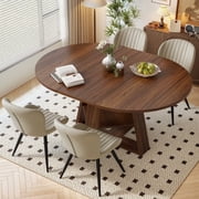 Hawsaiy Extendable Round to Oval Dining Table Set for 4 6, Space-Saving Wooden Table with Hidden Storage, Expandable Dining Table with Upholstered ChairsWalnut Table+4 Beige Chairs