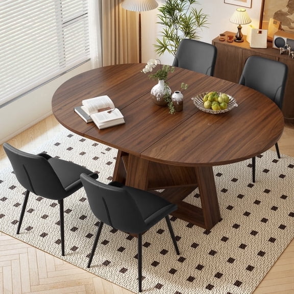 Hawsaiy Extendable Round to Oval Dining Table Set for 4–6, Space-Saving Wooden Table with Hidden Storage, Expandable Dining Table with Upholstered Chairs(Walnut Table+4 Black Chairs)