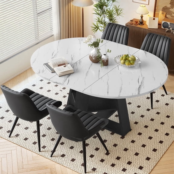 Hawsaiy Extendable Round to Oval Dining Table Set for 4–6, Space-Saving Wooden Table with Hidden Storage, Expandable Dining Table with Upholstered Chairs(White Table+4 Black Chairs)