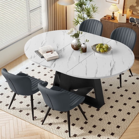 Hawsaiy Extendable Round to Oval Dining Table Set for 4–6, Space-Saving Wooden Table with Hidden Storage, Expandable Dining Table with Upholstered Chairs(White Table+4 Dark Gray Chairs)