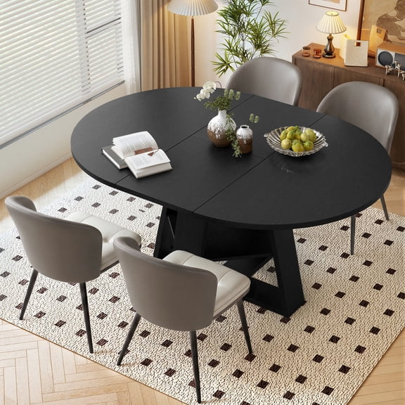 Hawsaiy Extendable Round to Oval Dining Table Set for 4, Space-Saving Wooden Table with Hidden Storage, Expandable Dining Table with Faux Leather Chairs(Black Table+4 Gray Chairs)