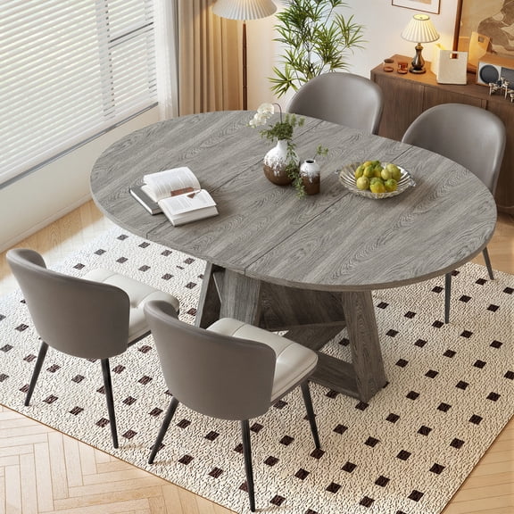Hawsaiy Extendable Round to Oval Dining Table Set for 4, Space-Saving Wooden Table with Hidden Storage, Expandable Dining Table with Faux Leather Chairs(Gray Table+4 Gray Chairs)