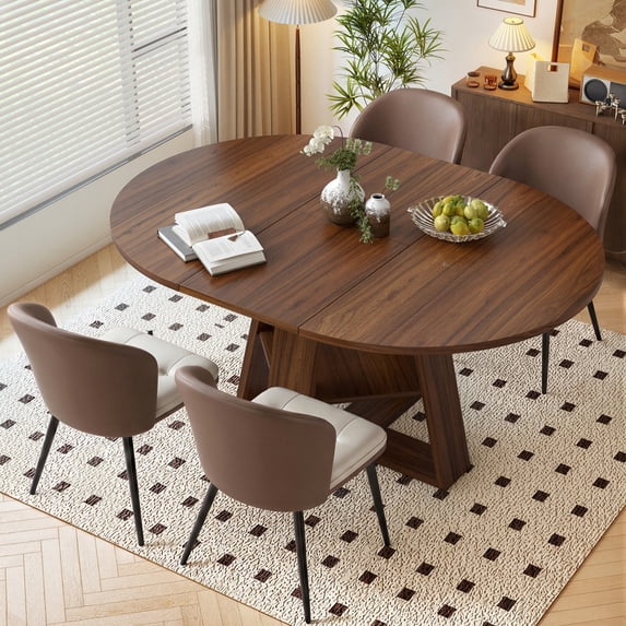 Hawsaiy Extendable Round to Oval Dining Table Set for 4, Space-Saving Wooden Table with Hidden Storage, Expandable Dining Table with Faux Leather Chairs(Walnut Table+4 Brown Chairs)