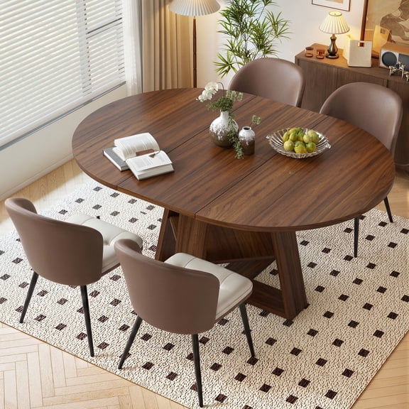 Hawsaiy Extendable Round to Oval Dining Table Set for 4, Space-Saving Wooden Table with Hidden Storage, Expandable Dining Table with Faux Leather Chairs(Walnut Table+4 Brown Chairs)