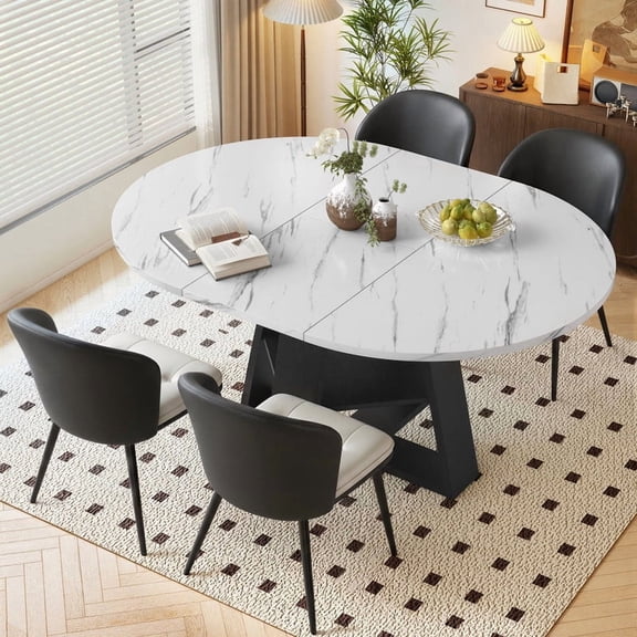 Hawsaiy Extendable Round to Oval Dining Table Set for 4, Space-Saving Wooden Table with Hidden Storage, Expandable Dining Table with Faux Leather Chairs(White Table+4 Black Chairs)