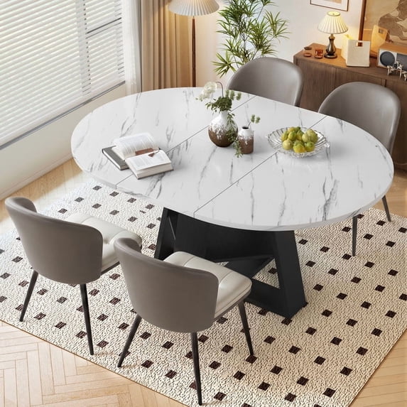 Hawsaiy Extendable Round to Oval Dining Table Set for 4, Space-Saving Wooden Table with Hidden Storage, Expandable Dining Table with Faux Leather Chairs(White Table+4 Gray Chairs)
