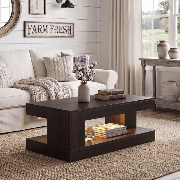 Hawsaiy Farmhouse Coffee Table with Storage Shelf & LED Light, 47" Rectangular Wood Coffee Table, 2-Tier Rustic Center Table for Living Room, Apartment, Office, Dark Walnut