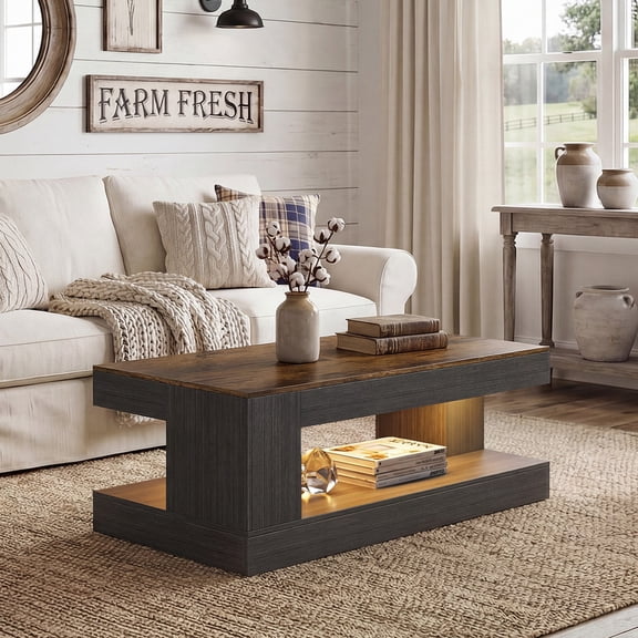 Hawsaiy Farmhouse Coffee Table with Storage Shelf & LED Light, 47" Rectangular Wood Coffee Table, 2-Tier Rustic Center Table for Living Room, Apartment, Office, Dark Gray