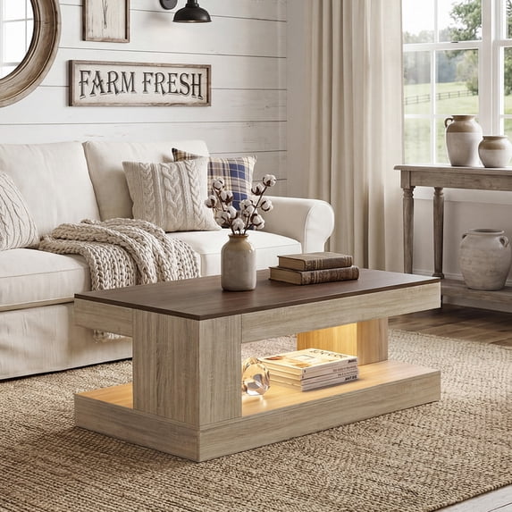 Hawsaiy Farmhouse Coffee Table with Storage Shelf & LED Light, 47" Rectangular Wood Coffee Table, 2-Tier Rustic Center Table for Living Room, Apartment, Office, Light Gray