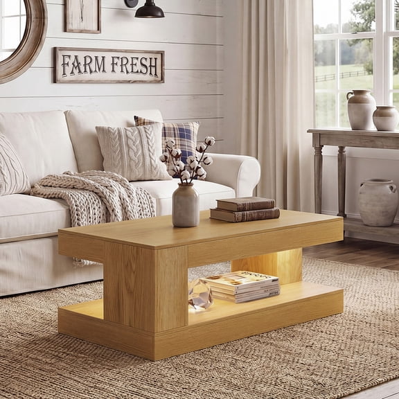 Hawsaiy Farmhouse Coffee Table with Storage Shelf & LED Light, 47" Rectangular Wood Coffee Table, 2-Tier Rustic Center Table for Living Room, Apartment, Office, Natural