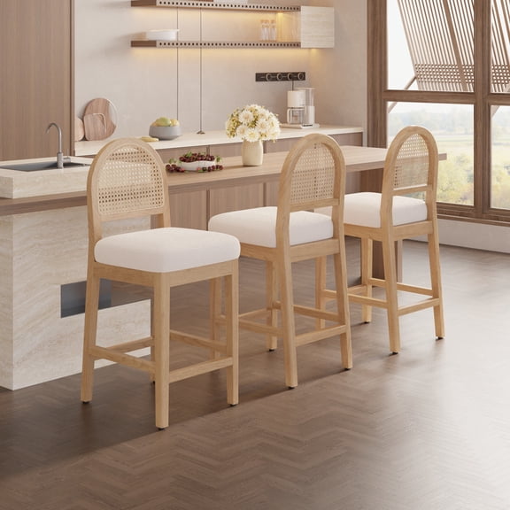 Hawsaiy Farmhouse Rattan Counter Height Bar Stools Set of 3, Chenille Upholstered Kitchen Island Chairs with Solid Wood Frame, Natural