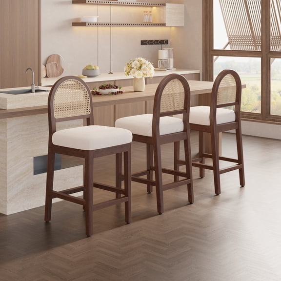 Hawsaiy Farmhouse Rattan Counter Height Bar Stools Set of 3, Chenille Upholstered Kitchen Island Chairs with Solid Wood Frame, Walnut