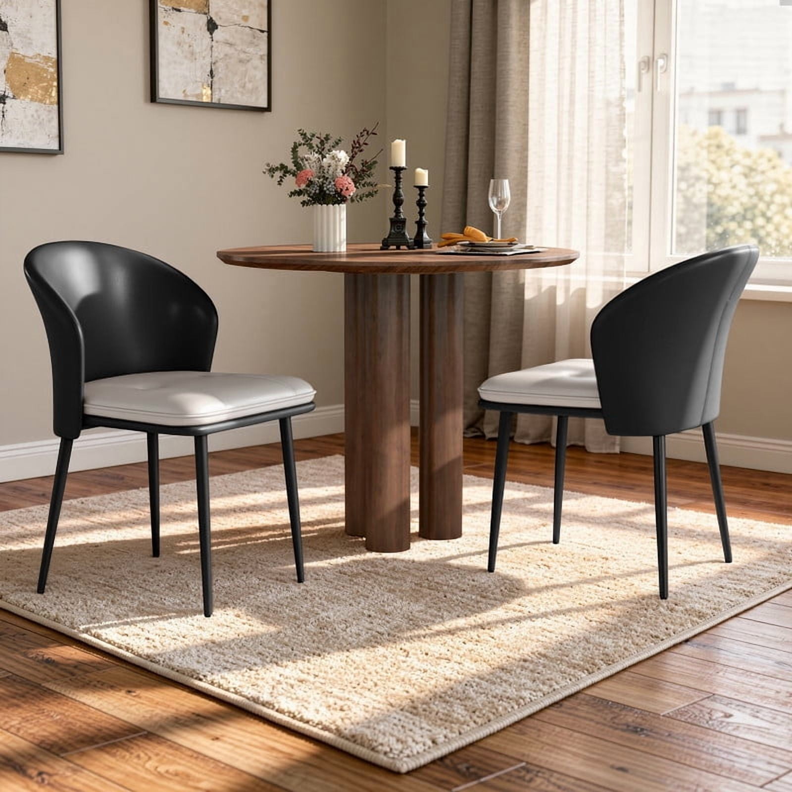 Hawsaiy Faux Leather Dining Chairs Set of 2, Modern Curved Back Upholstered Kitchen Side Chairs with Metal Legs, Black
