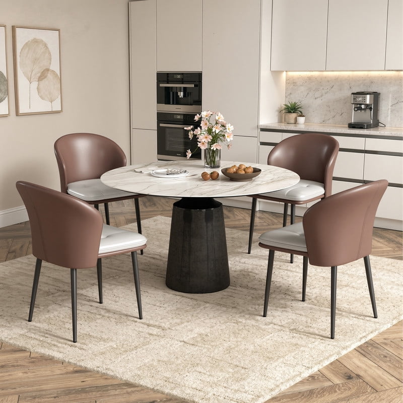 Hawsaiy Faux Leather Dining Chairs Set of 4, Modern Curved Back Upholstered Kitchen Side Chairs with Metal Legs, Brown