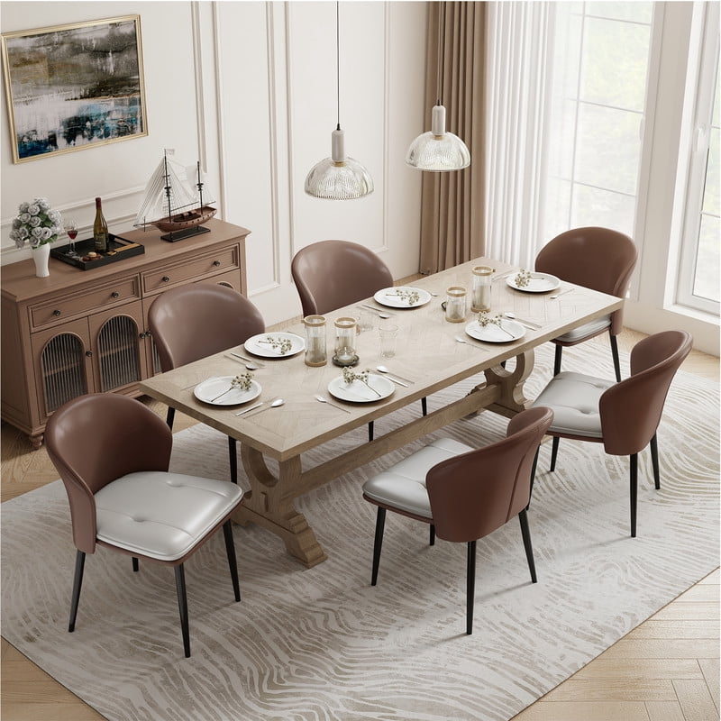 Hawsaiy Faux Leather Dining Chairs Set of 6, Modern Curved Back Upholstered Kitchen Side Chairs with Metal Legs, Brown